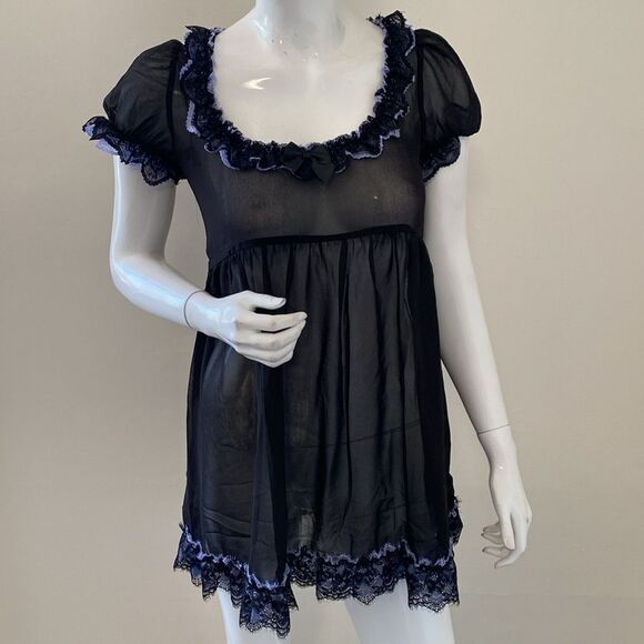 Dolls Kill Widow Sheer Black Babydoll Mini Dress Ruffle w Baby Blue Lace Trim - Picture 1 of 7